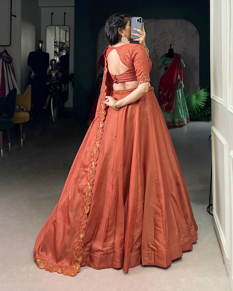 Rust Orange Color Korean Tussar Silk Lehenga Choli - ETHNICDEAL