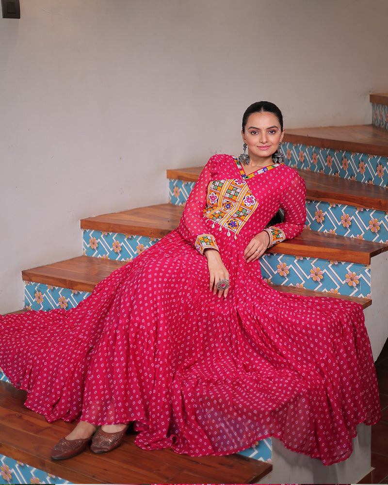 Pink Color Georgette Bandhani Print Navratri Gown - ETHNICDEAL