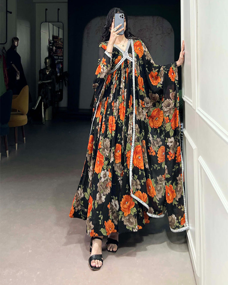 Black And Orange Color Floral Printed Georgette Gown - ETHNICDEAL
