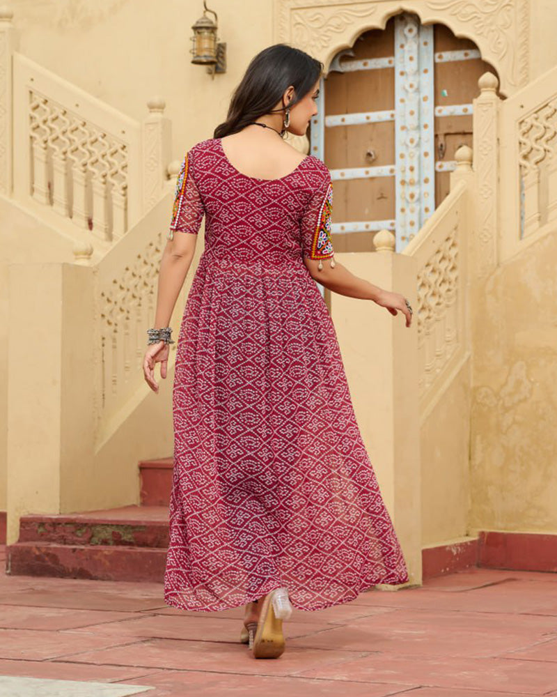 Maroon Color Georgette Bandhani Print Navratri Kurti - ETHNICDEAL