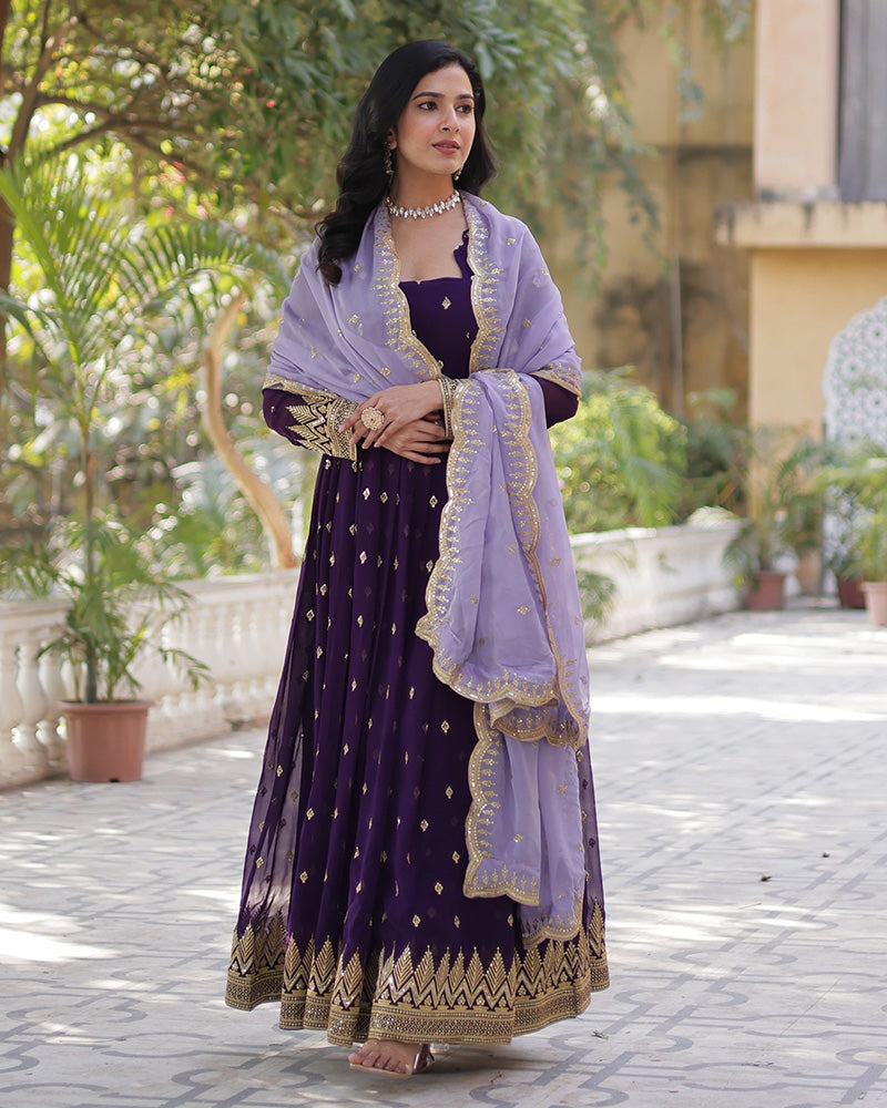 Dark Purple Color Floor Length Gown With Embroidered Dupatta - ETHNICDEAL