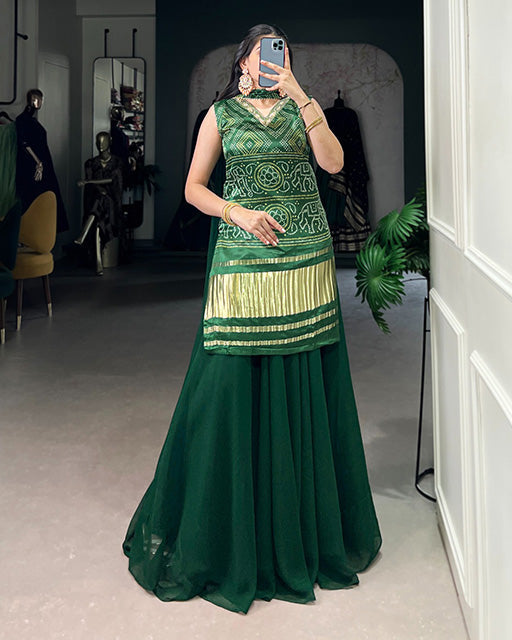 Green Color Gaji Silk Three Piece Plazo Suit - ETHNICDEAL