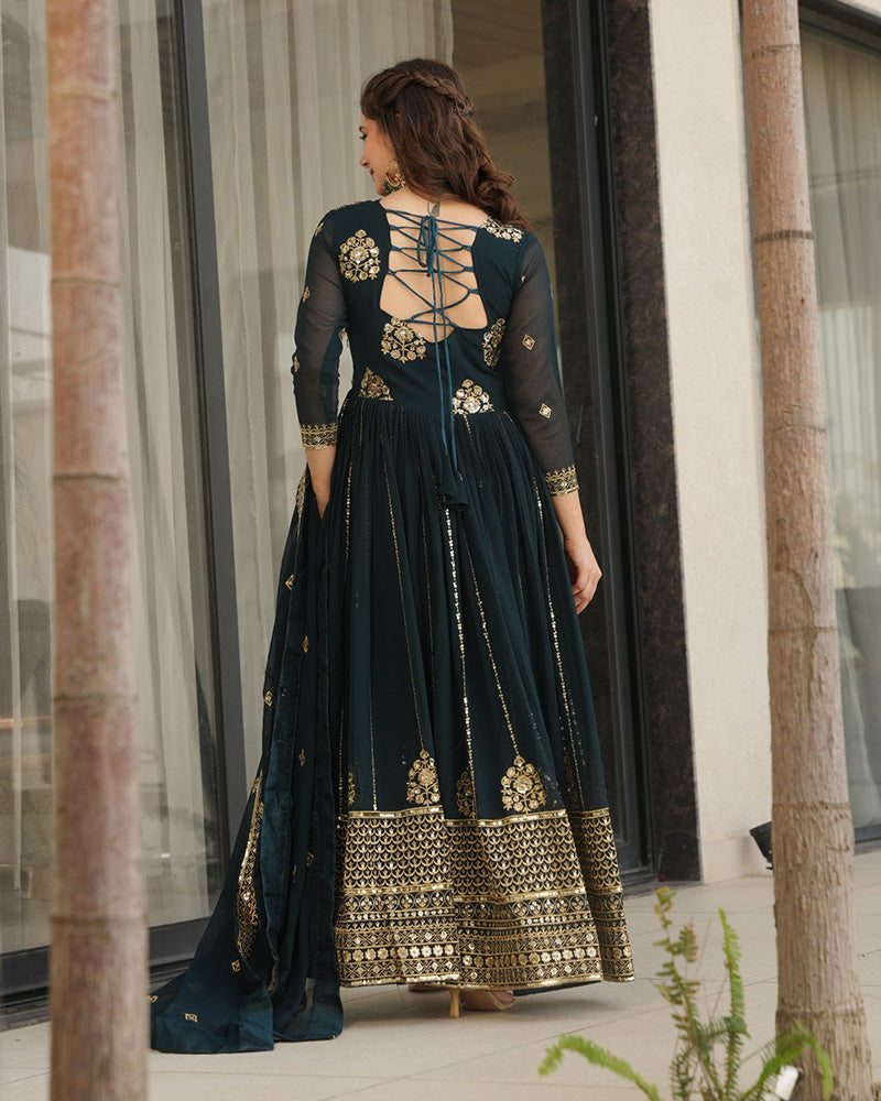 Deep Teal Green Color Designer Golden Embroidered Gown - ETHNICDEAL