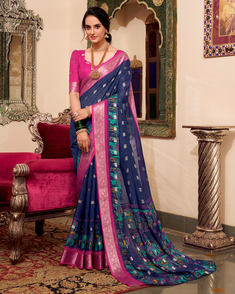 Navy Blue Color Poly Kalamkari Print Cotton With Zari Work saree - ETHNICDEAL