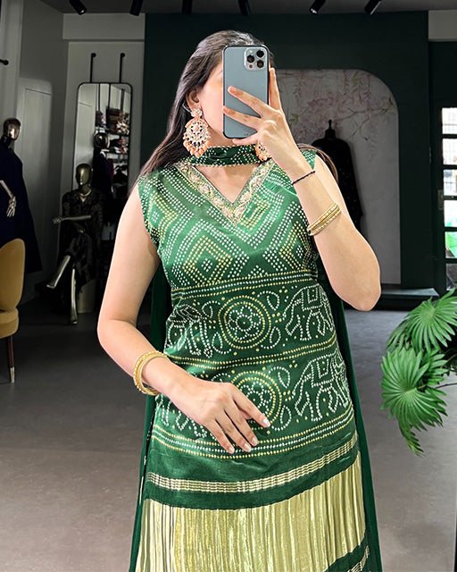 Green Color Gaji Silk Three Piece Plazo Suit - ETHNICDEAL