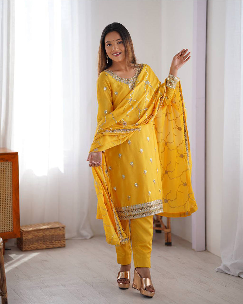 Yellow Color Chinon Silk Embroidered Three Piece Kurti Suit - ETHNICDEAL