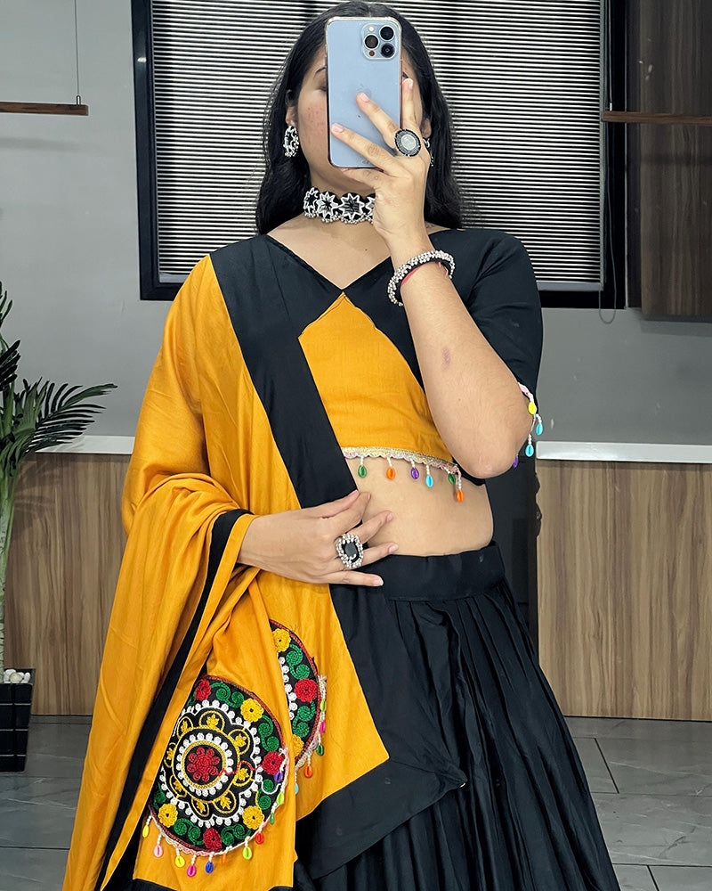 Mustard And Black Color Pure Rayon Cotton Navratri Lehenga Choli - ETHNICDEAL
