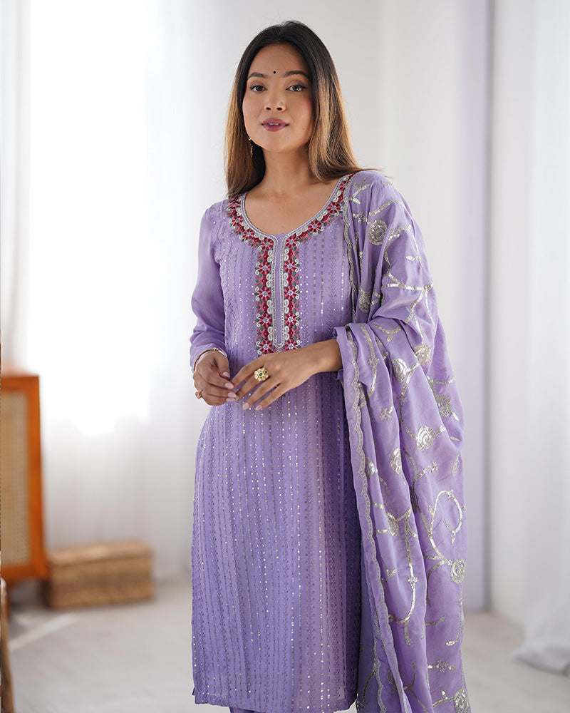 Light Purple Color Chinon Silk Three Piece Kurti Suit - ETHNICDEAL