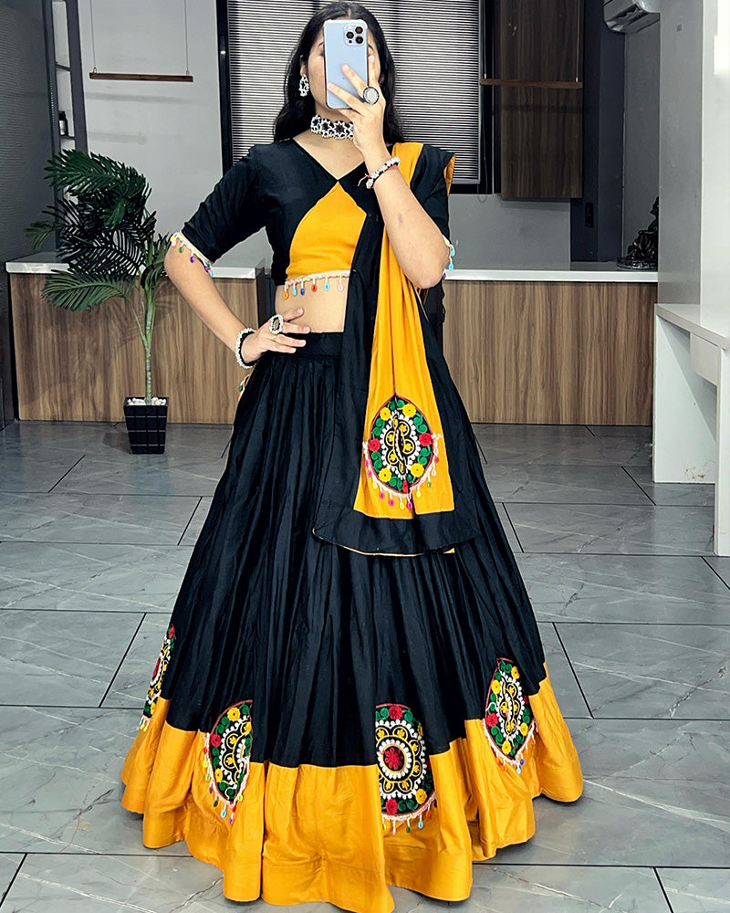 Mustard And Black Color Pure Rayon Cotton Navratri Lehenga Choli - ETHNICDEAL