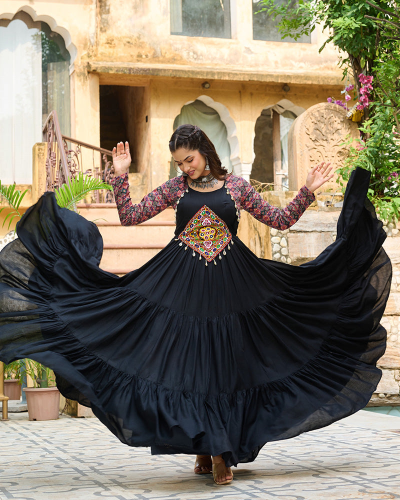 Classic Black Mirror Embroidered Rayon Gown For Navratri - ETHNICDEAL