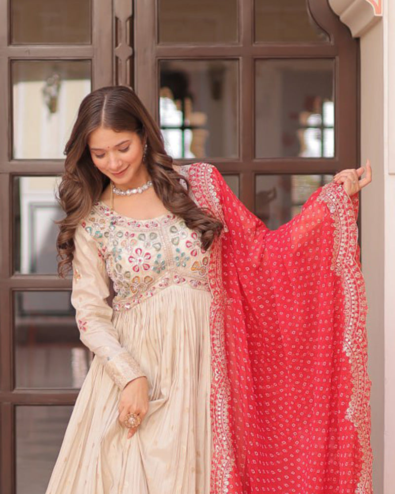 Off-White Color Jacquard Gown With Red Dupatta - ETHNICDEAL