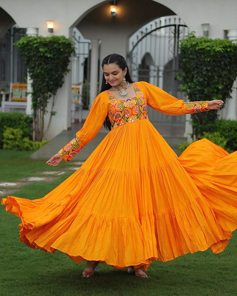 Yellow Color Rayon Navratri Gown - ETHNICDEAL