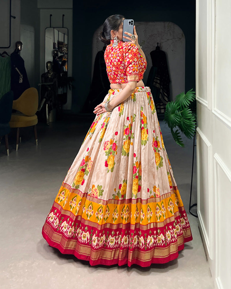 Red Color Tussar Silk Patola Printed Lehenga Choli - ETHNICDEAL