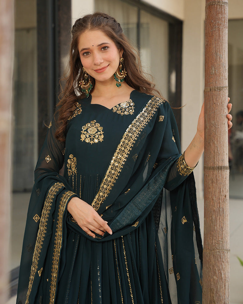 Deep Teal Green Color Designer Golden Embroidered Gown - ETHNICDEAL