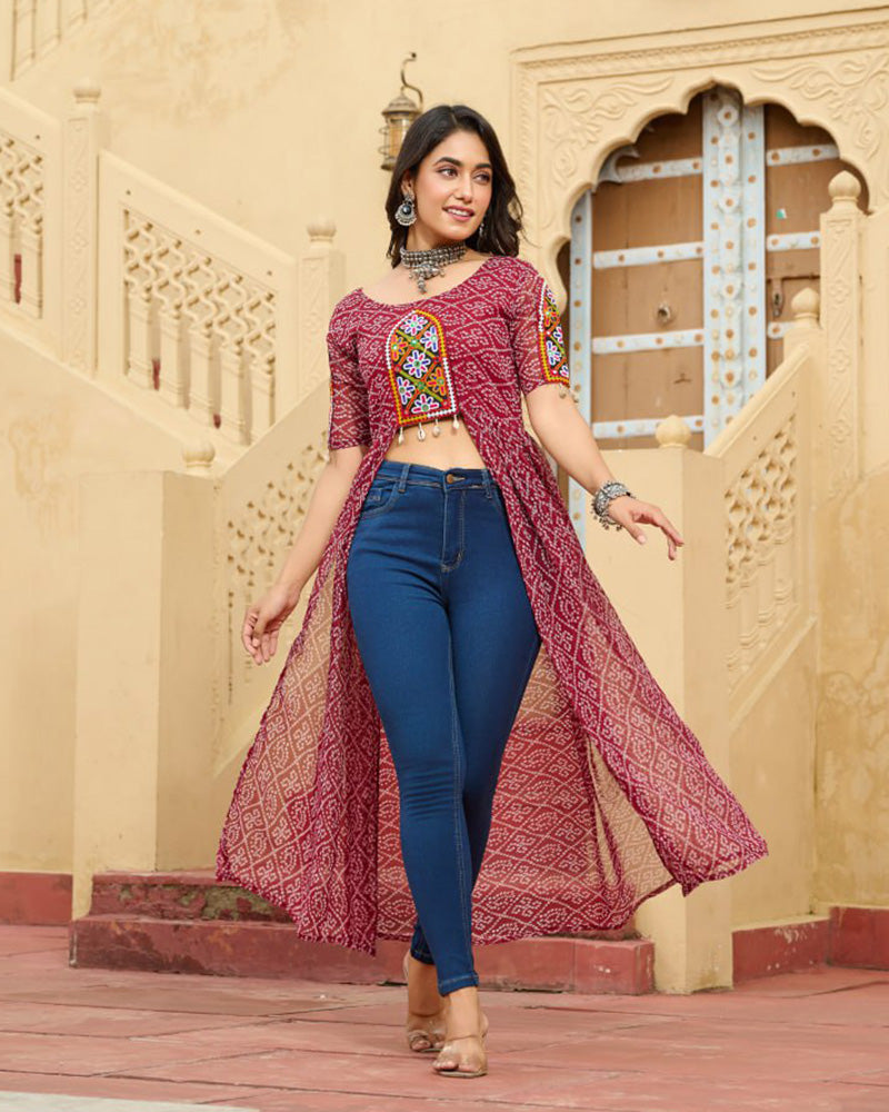 Maroon Color Georgette Bandhani Print Navratri Kurti - ETHNICDEAL