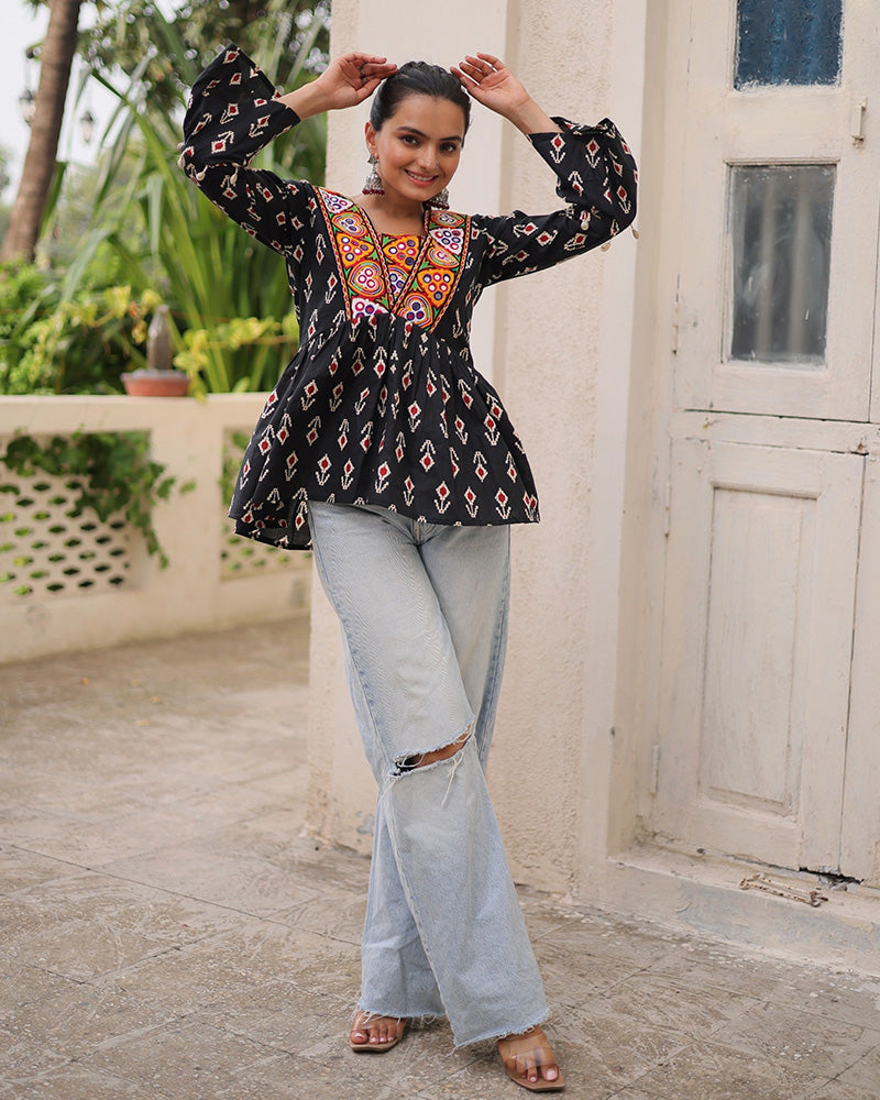 Festive Black Cotton Printed Navratri Kediya for Garba Wear - ETHNICDEAL