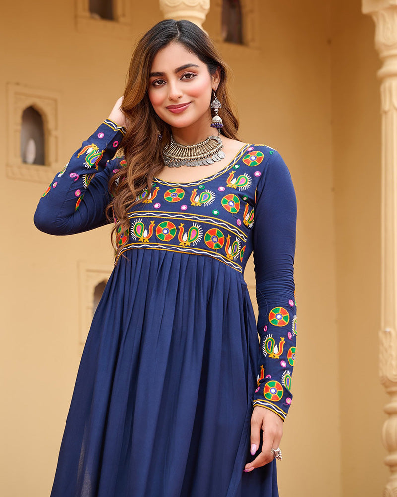 Blue Pure Rayon Embroidered Kurti for Navratri and Garba Wear - ETHNICDEAL