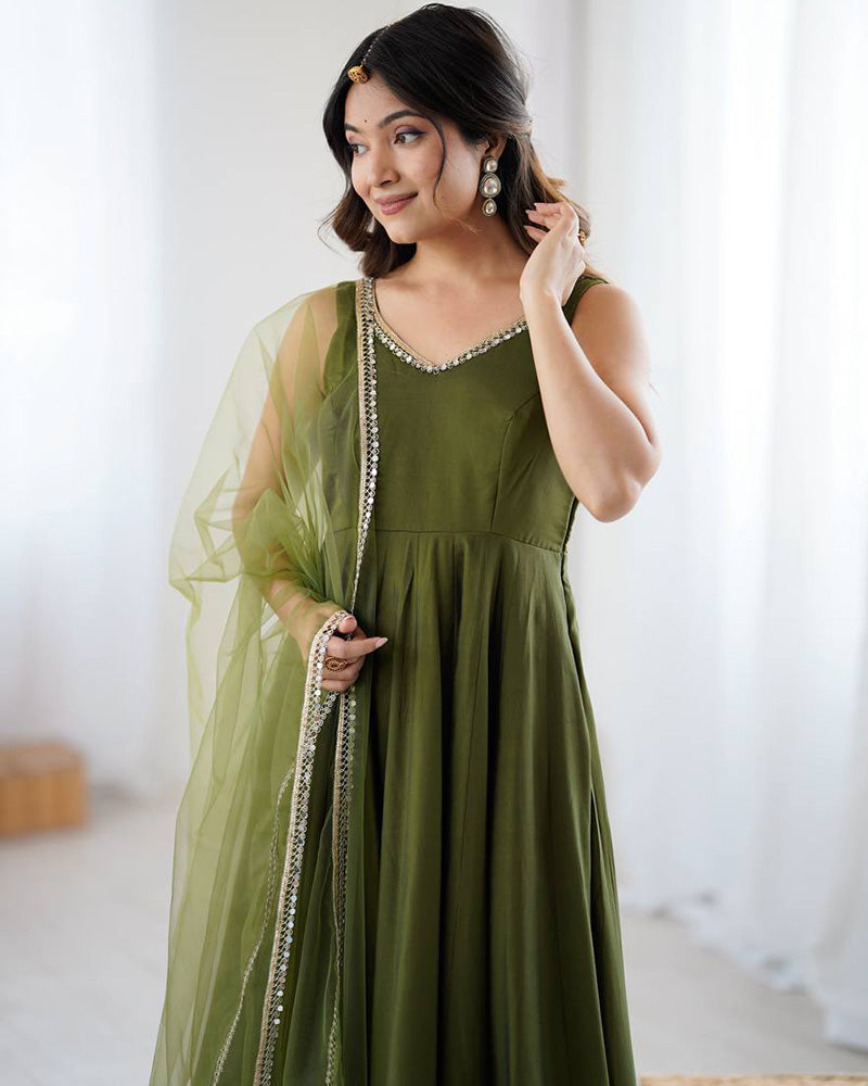 Lovely Mehendi Color Chanderi Pure Roman Silk Anarkali Suit - ETHNICDEAL