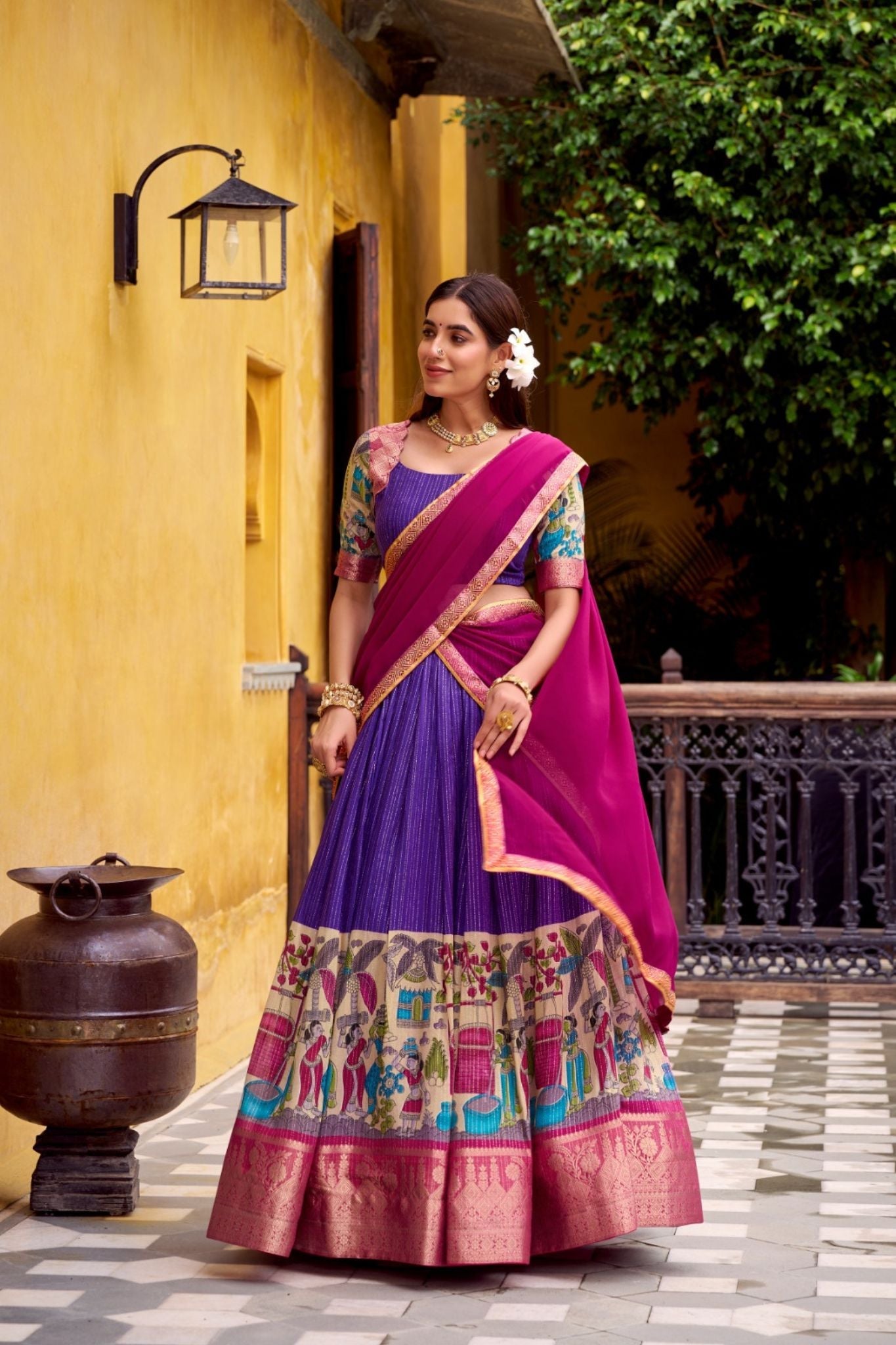 Poly Chanderi Kalamkari Printed Zari Weaving Work Premium Lehenga Choli - ETHNICDEAL
