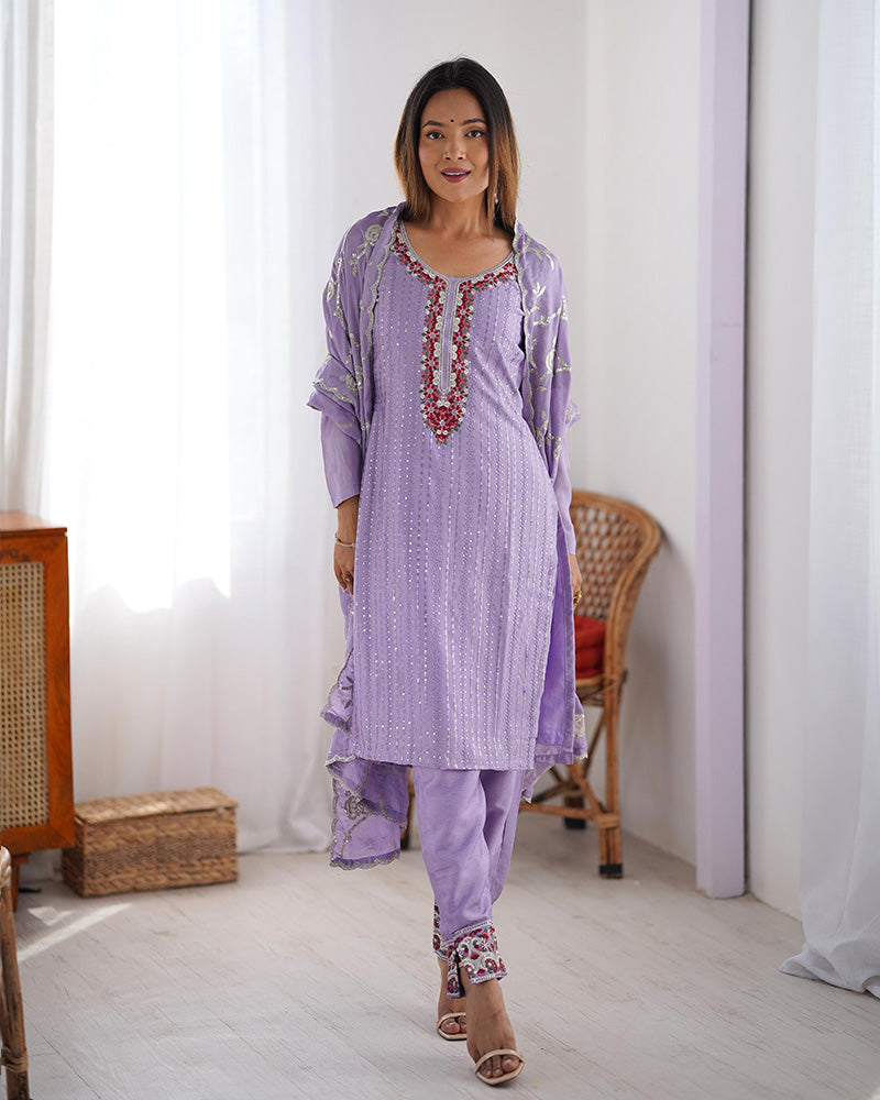 Light Purple Color Chinon Silk Three Piece Kurti Suit - ETHNICDEAL