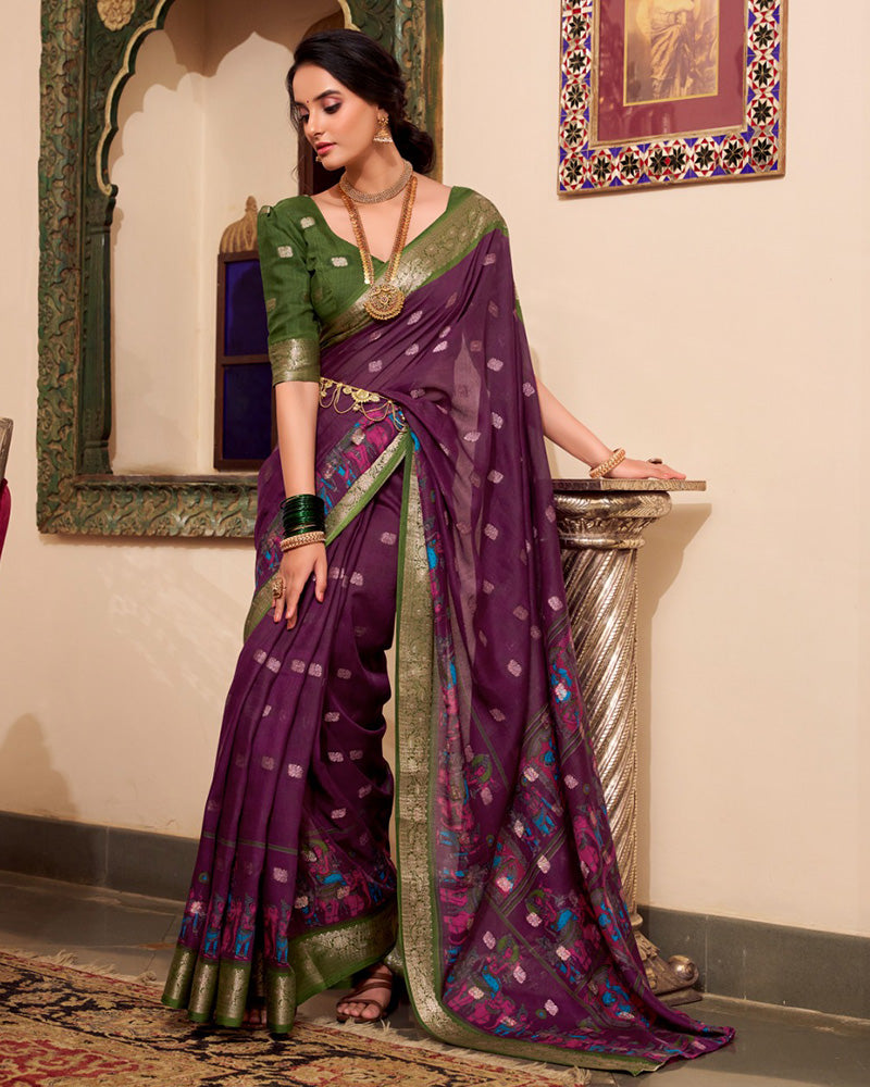 Wine Color Poly Cotton Kalamkari Print With Zari Work saree - ETHNICDEAL