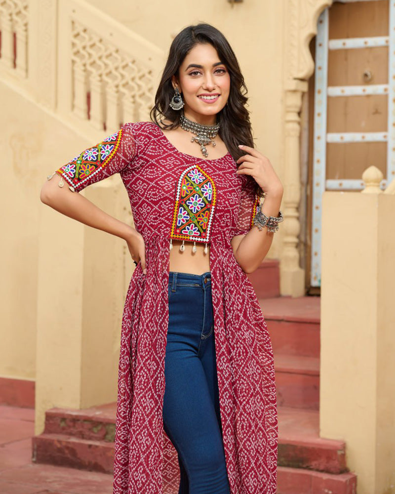 Maroon Color Georgette Bandhani Print Navratri Kurti - ETHNICDEAL