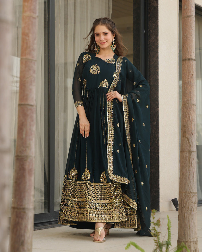 Deep Teal Green Color Designer Golden Embroidered Gown - ETHNICDEAL