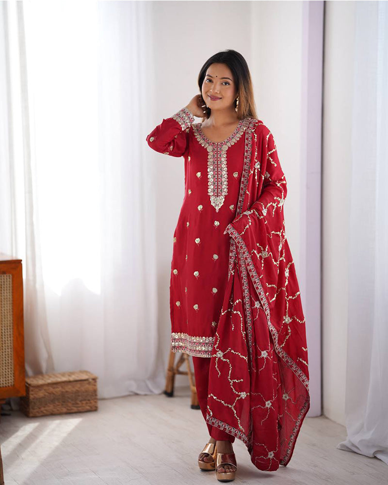 Red Color Chinon Silk Embroidered Three Piece Kurti Suit - ETHNICDEAL
