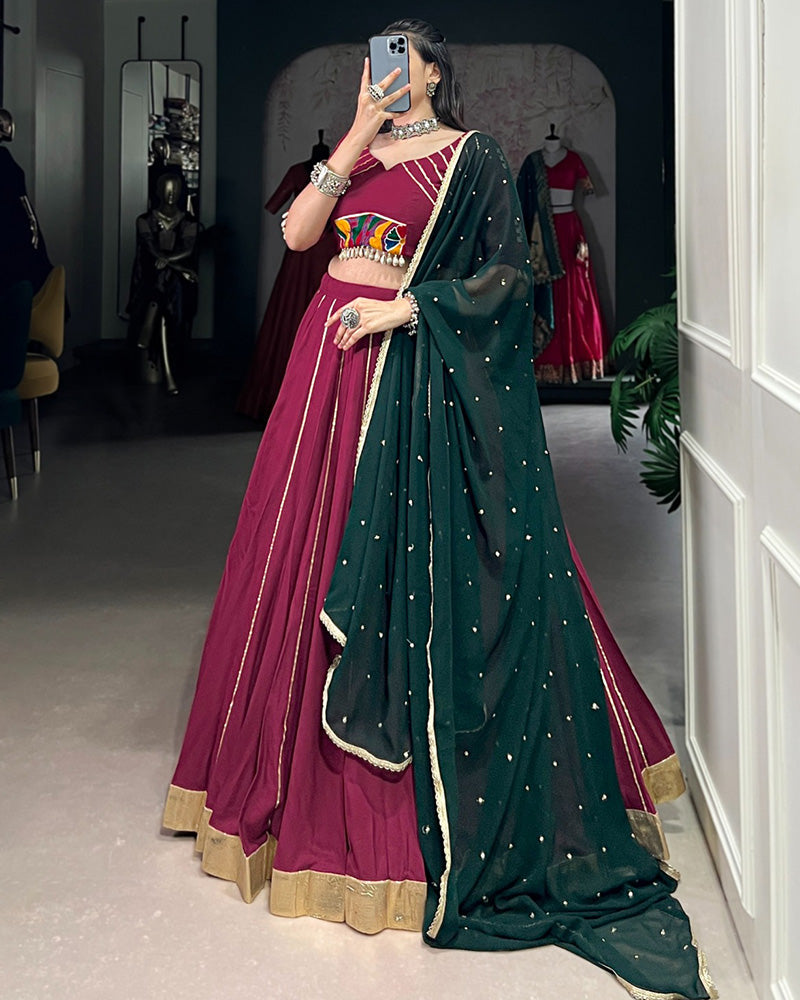 Plum Color Rayon Embossed Navratri Lehenga Choli - ETHNICDEAL