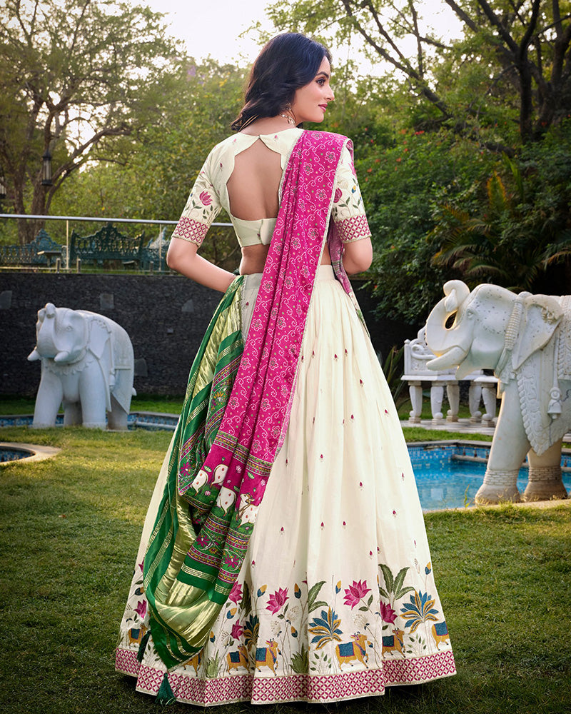 Lotus Shape Off-White Color Cotton Lehenga Choli - ETHNICDEAL