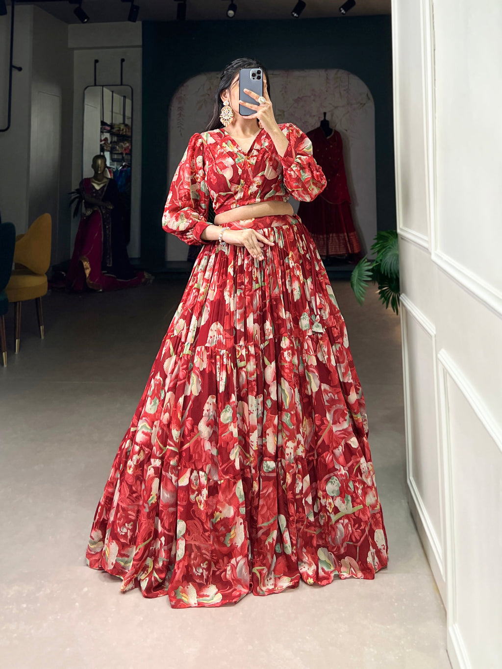 Stunning Georgette Floral Digital Printed Lehenga With Stitched Blouse - Ethnicwish