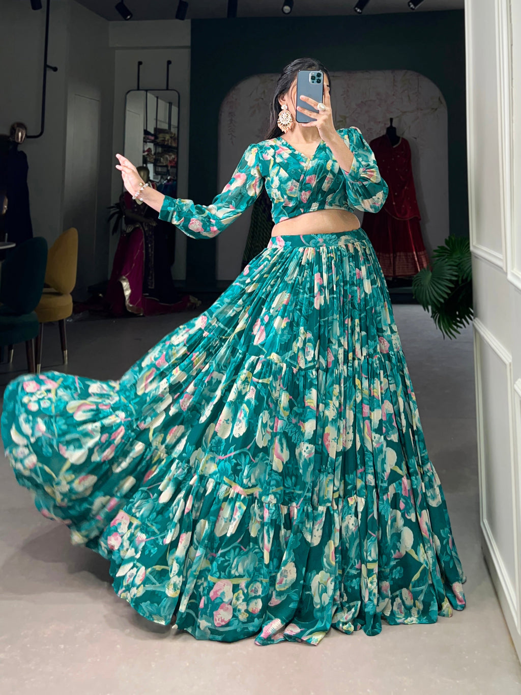 Stunning Georgette Floral Digital Printed Lehenga With Stitched Blouse - Ethnicwish