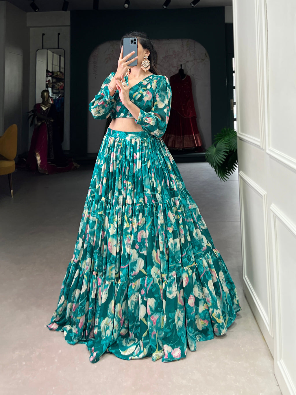 Stunning Georgette Floral Digital Printed Lehenga With Stitched Blouse - Ethnicwish
