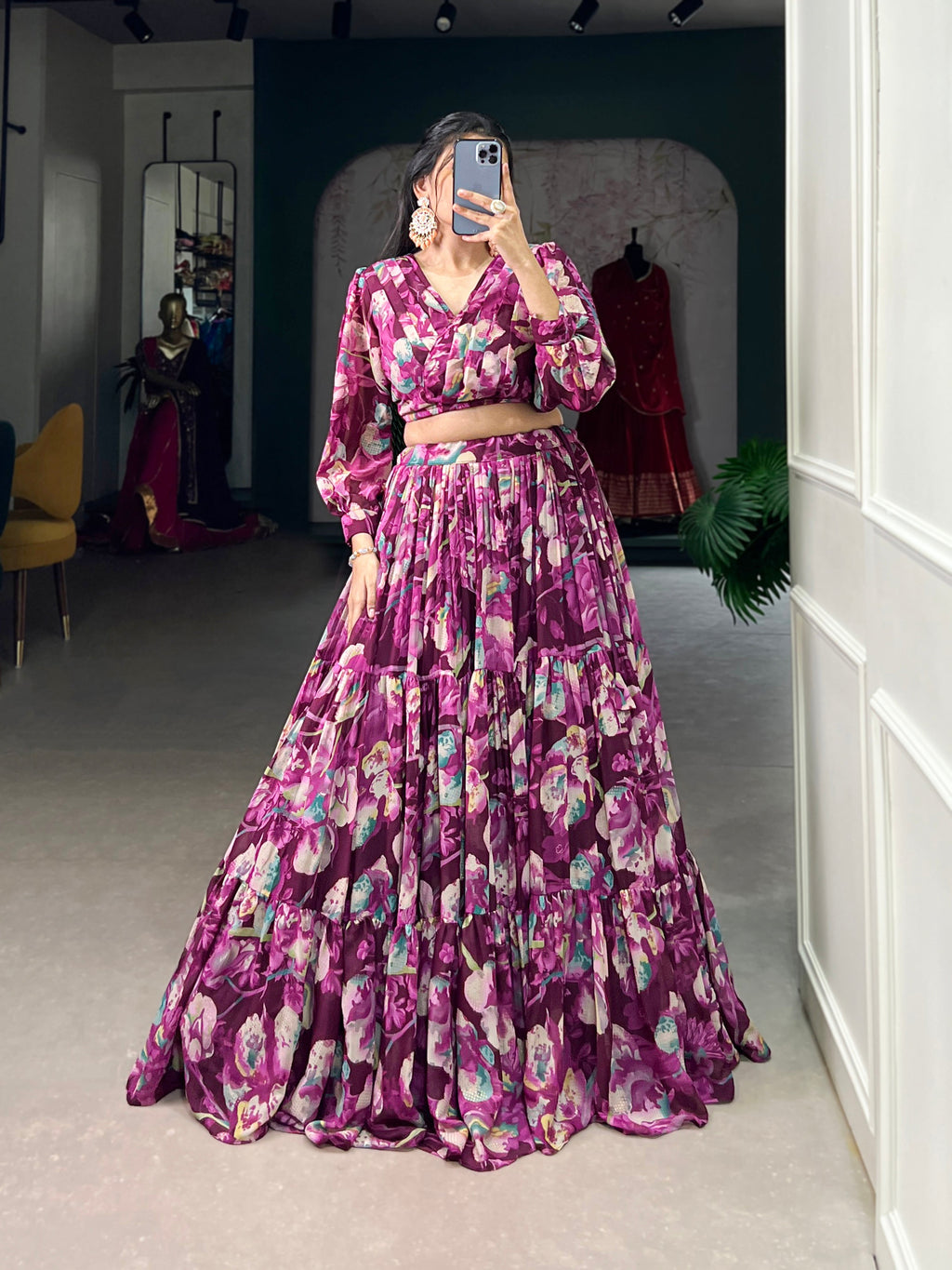 Stunning Georgette Floral Digital Printed Lehenga With Stitched Blouse - Ethnicwish