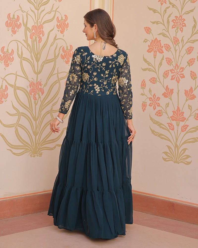 Elegant Rama Floor-Length Gown With Golden Threadwork - ETHNICDEAL