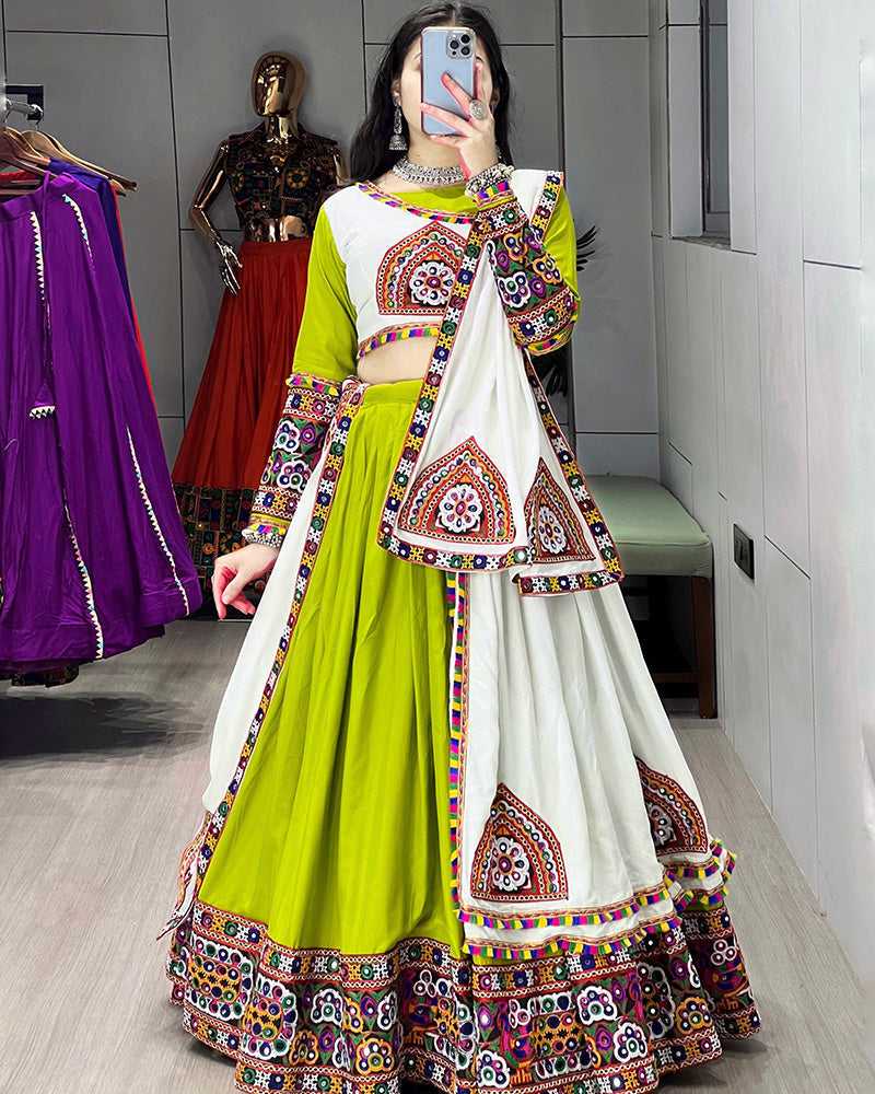 Parrot White Color Pure Rayon Cotton Navratri Lehenga Choli - ETHNICDEAL