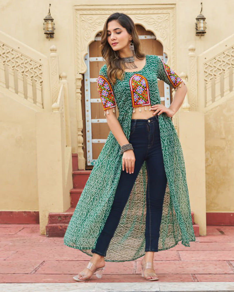 Green Color Georgette Bandhani Print Navratri Kurti - ETHNICDEAL