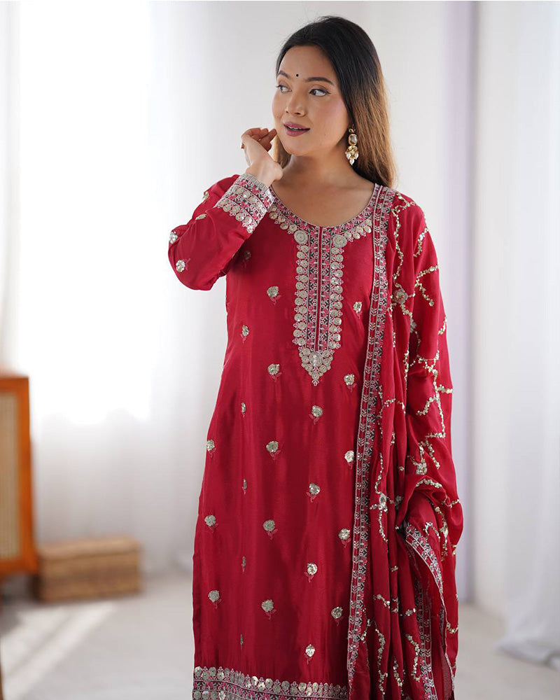 Red Color Chinon Silk Embroidered Three Piece Kurti Suit - ETHNICDEAL