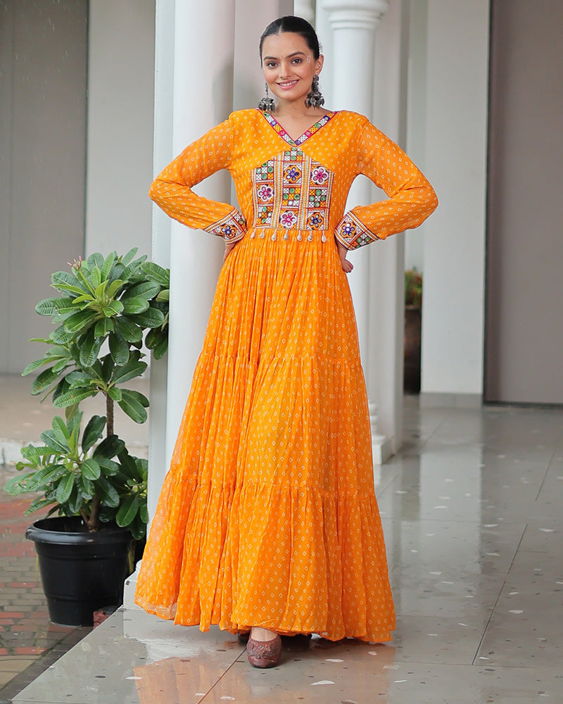 Yellow Color Georgette Bandhani Print Navratri Gown - ETHNICDEAL