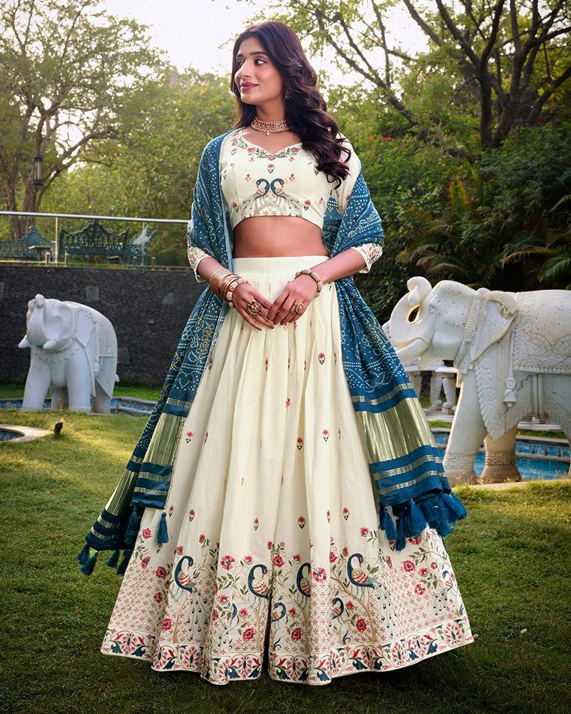Peacock Shape Off-White Color Cotton Lehenga Choli - ETHNICDEAL