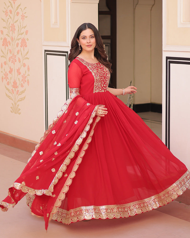 Designer Red Anarkali Gown With Golden Embroidery - ETHNICDEAL