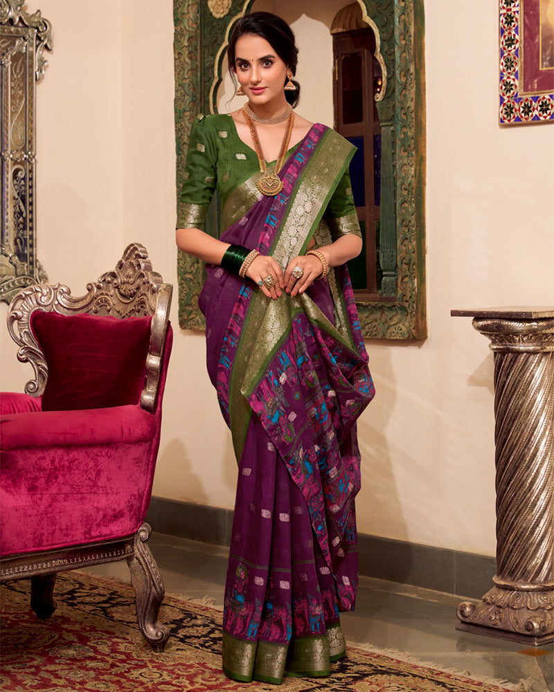 Wine Color Poly Cotton Kalamkari Print With Zari Work saree - ETHNICDEAL