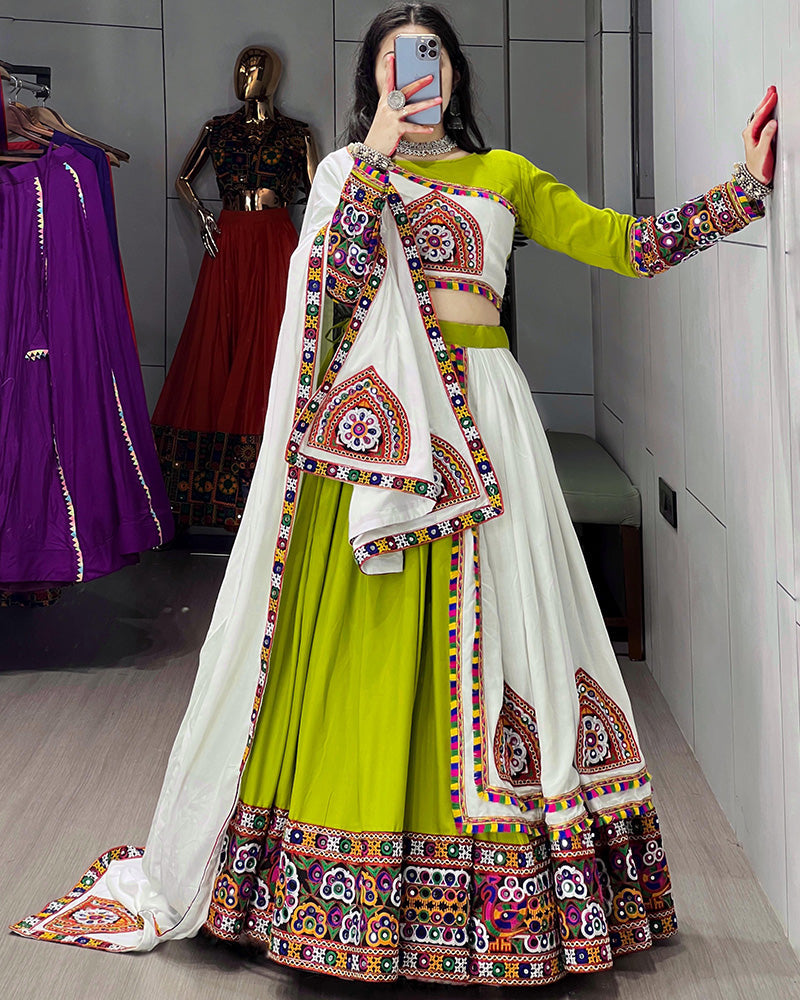 Parrot White Color Pure Rayon Cotton Navratri Lehenga Choli - ETHNICDEAL