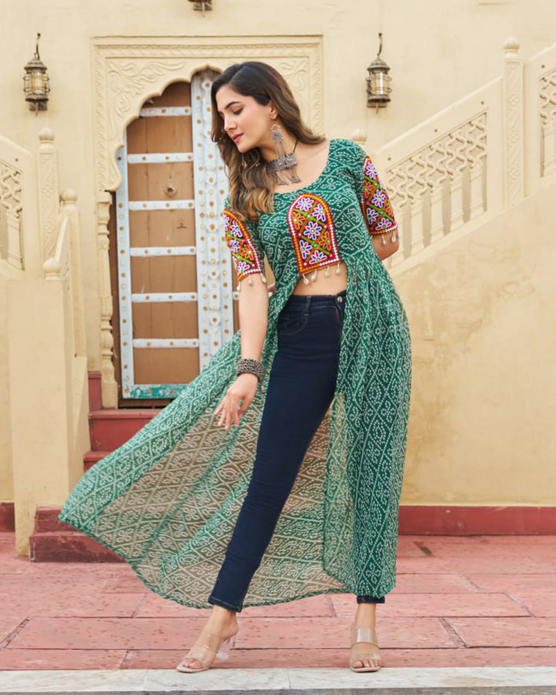Green Color Georgette Bandhani Print Navratri Kurti - ETHNICDEAL