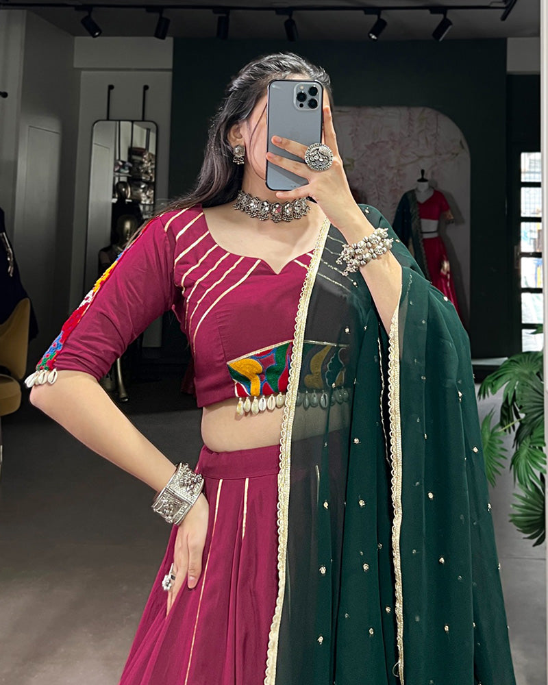 Plum Color Rayon Embossed Navratri Lehenga Choli - ETHNICDEAL