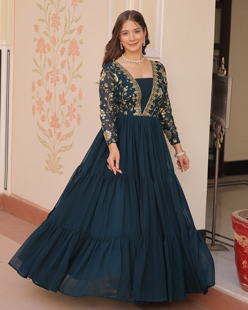 Elegant Rama Floor-Length Gown With Golden Threadwork - ETHNICDEAL
