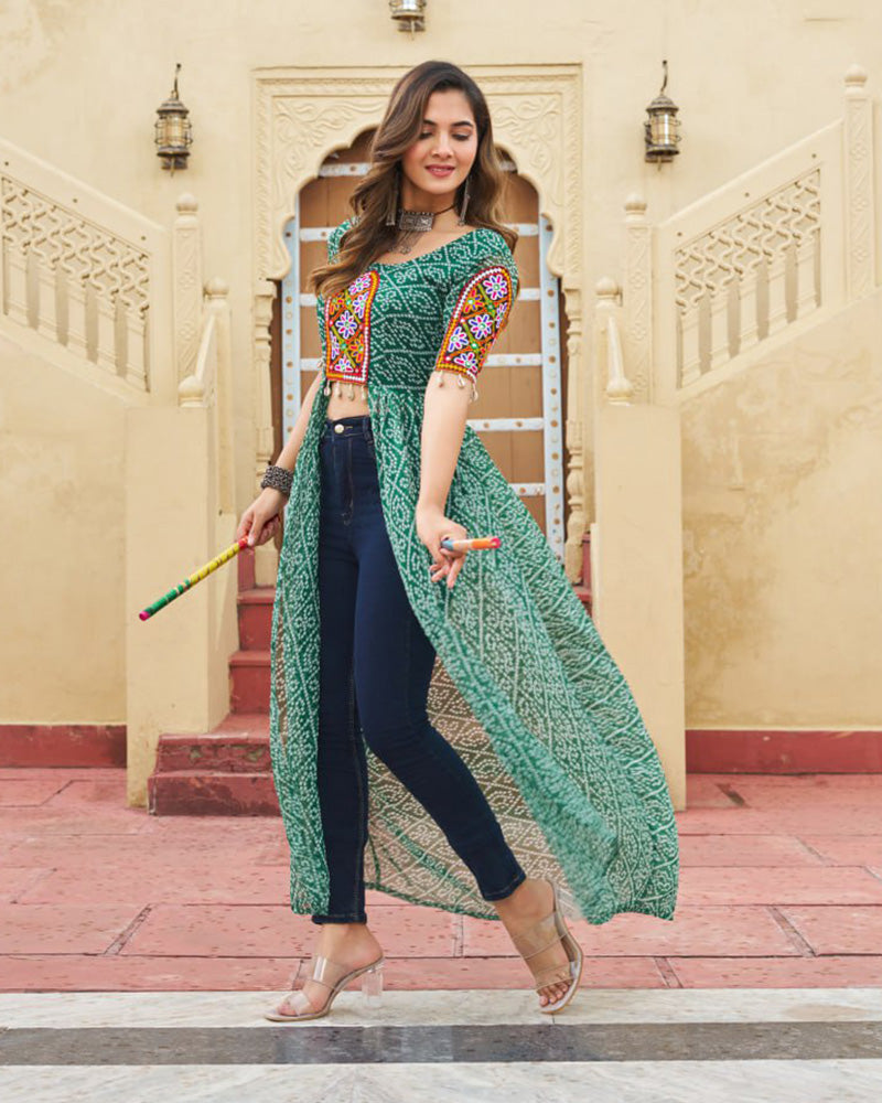Green Color Georgette Bandhani Print Navratri Kurti - ETHNICDEAL