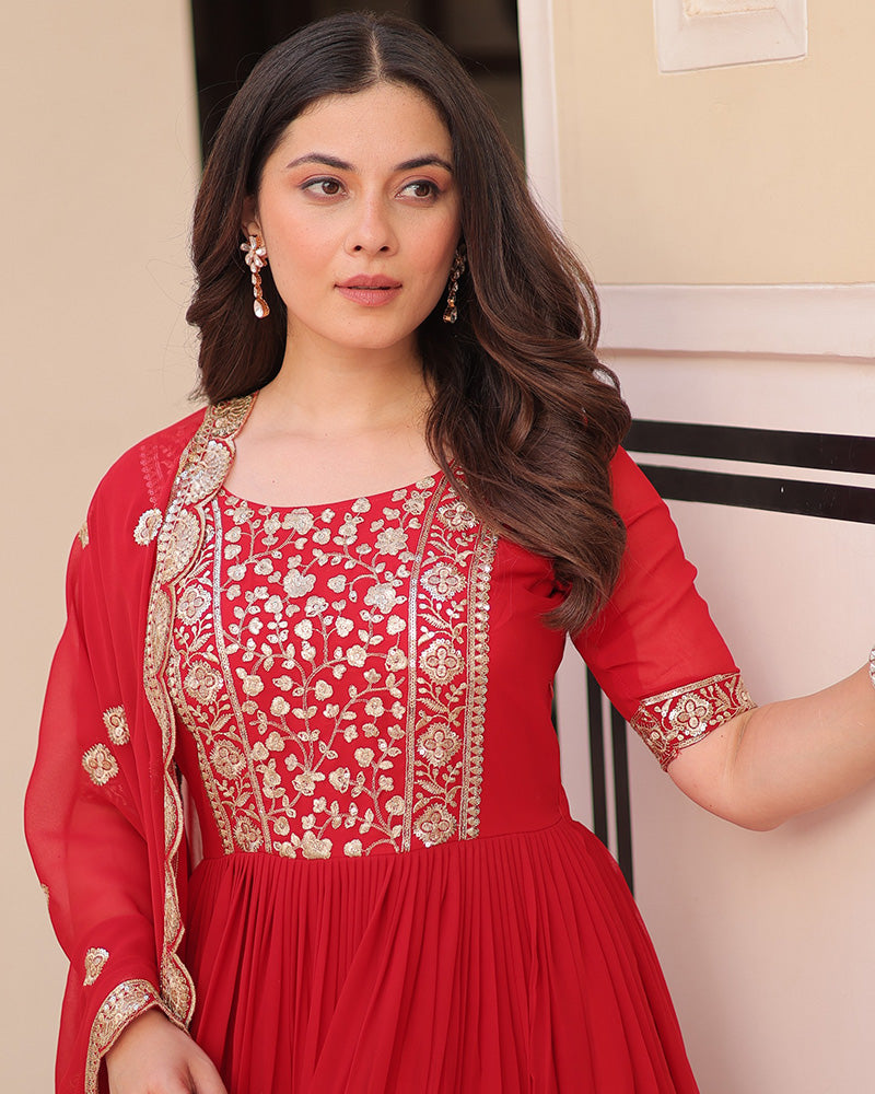 Designer Red Anarkali Gown With Golden Embroidery - ETHNICDEAL