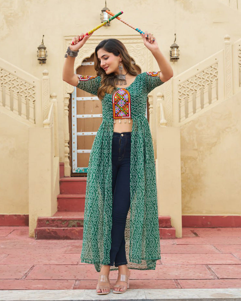 Green Color Georgette Bandhani Print Navratri Kurti - ETHNICDEAL