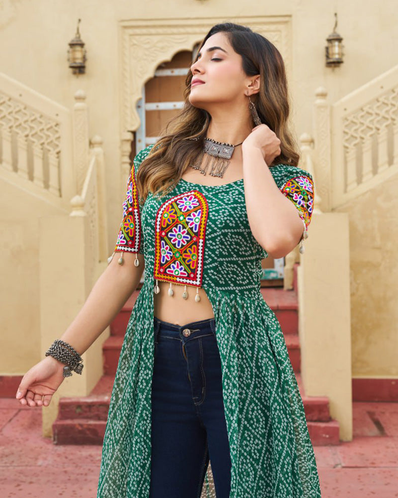 Green Color Georgette Bandhani Print Navratri Kurti - ETHNICDEAL